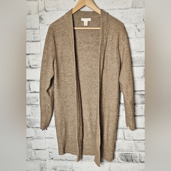 H&M Long Tan Open Front Cardigan XS Soft Knit Wool Blend Cozy Layering - Picture 2 of 8